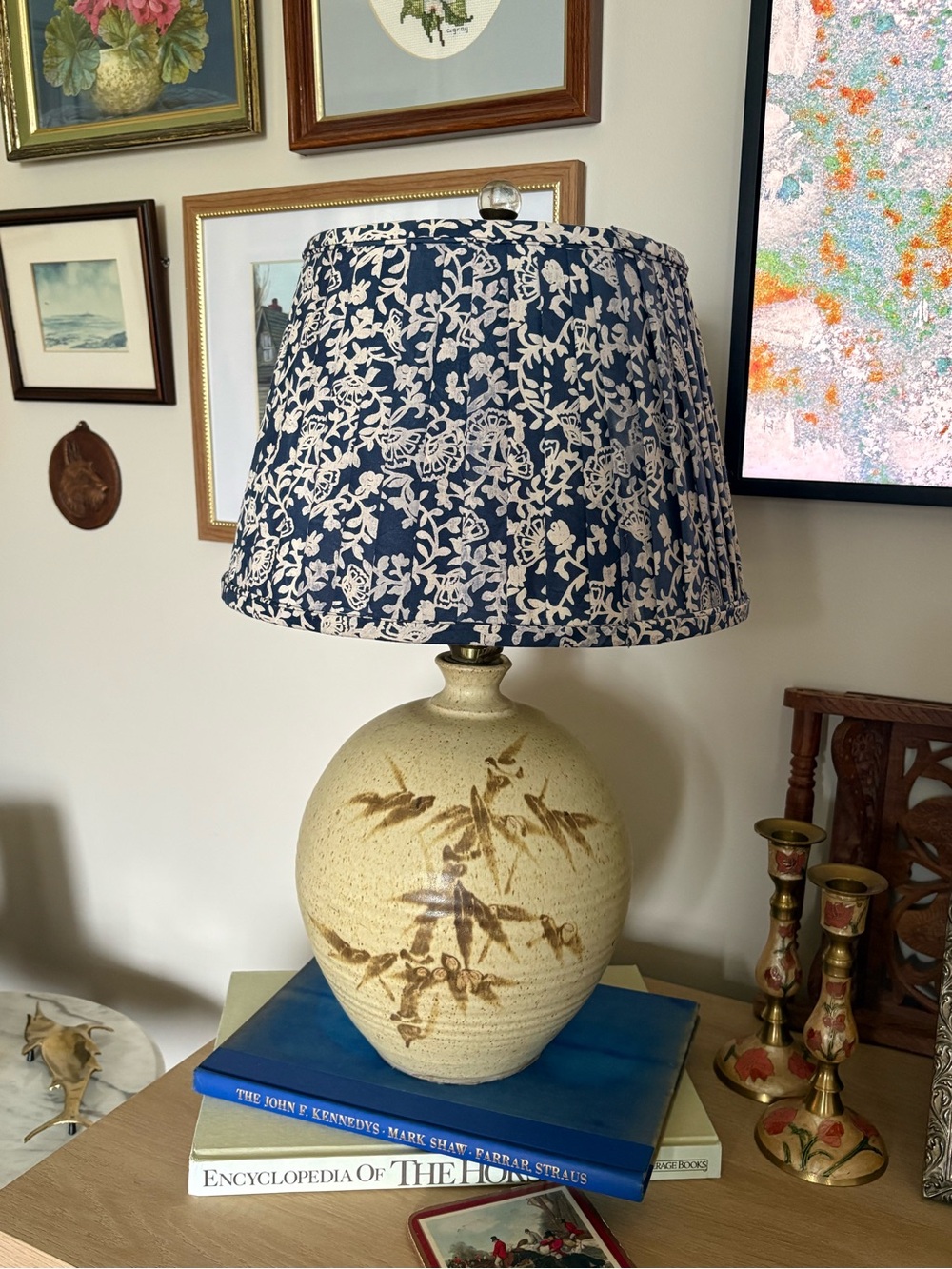 Vintage stoneware lamp with pleated fabric shade
